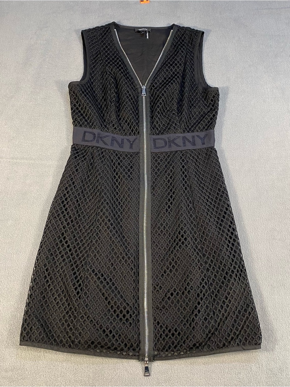 DKNY Women’s Black Sleeveless Mesh Zip-Front Dress with logo waistband, size M